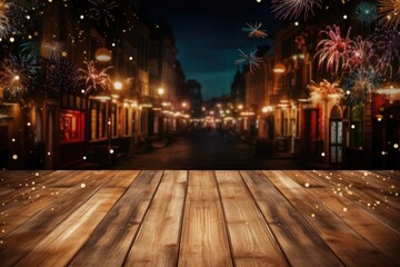 Wall Mural - Empty wooden table architecture fireworks outdoors.