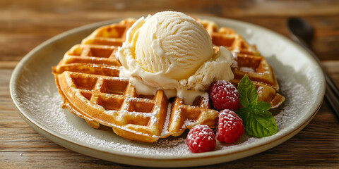 Scoop of ice cream placed on top of a waffle, displayed on a dessert plate