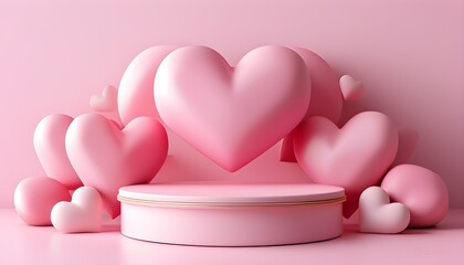 Valentines Day Celebration with Pink Podium and Heart-Shaped Design in 3D Render