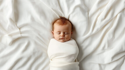 Sticker - A serene baby with closed eyes sleeping peacefully, swaddled in a soft white blanket, laying on a white bed with subtle fabric folds creating a tranquil atmosphere.