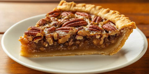 Canvas Print - Slice of pie showcasing thick pecan filling within a perfectly baked crust