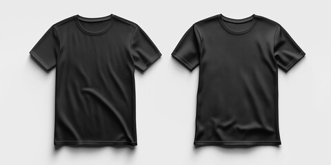 Two black t-shirts are shown on a white background