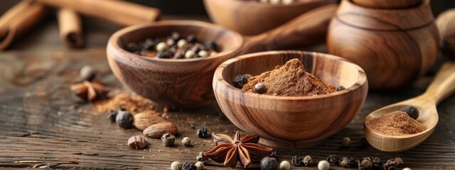 Wall Mural - Wooden bowls filled with spices and peppercorns on a rustic table