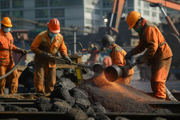 Steel industry workers wearing protective gear are handling hot slag at a steel mill