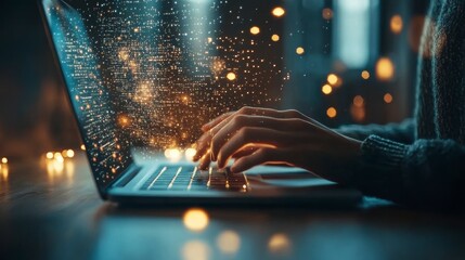 software developer working on laptop with code and data stream