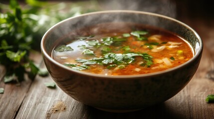 A bowl of soup with green herbs on the side