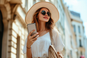 Fashionable glamour young adult woman wearing big sun hat and sunglasses stands on the street in city and using her mobile phone.