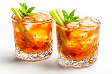 Wall Mural - Two Refreshing Iced Tea Cocktails Garnished with Celery and Mint on a White Background