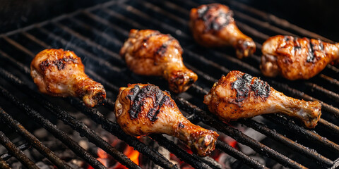 Chicken drumsticks cooking on a grill with grill marks and coals beneath