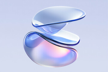 Image depicting two balanced, translucent glass forms with gradient colors, showcasing modern minimalist design and fluid aesthetics.