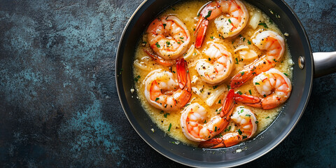 close-up of shrimp scampi cooking in a skillet with garlic and butter