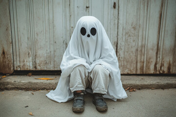 Funny halloween character person or animal wearing white blanket pretending scary ghost, Generative AI