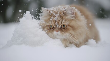 Wall Mural - A fluffy cat peeks through snow, showcasing its curiosity in a winter landscape.