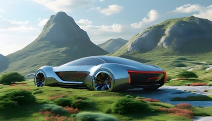 Futuristic Concept Car Surrounded by Rolling Hills in a High-Tech Landscape