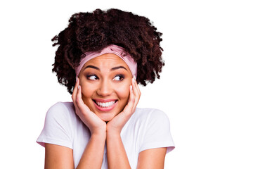 Canvas Print - Close up photo beautiful amazing she her dark skin lady hold hands arms palms cheeks cheekbones cute peaceful look side empty space wear head scarf casual white t-shirt isolated pink bright background