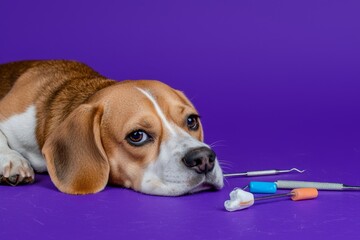 The picture shows a cute little dog lying among many different toothbrushes on a lilac background