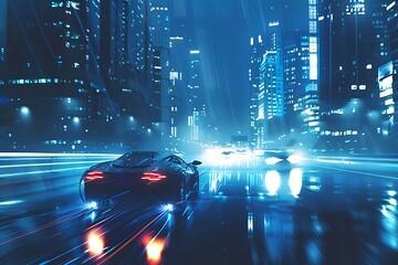 Wall Mural - car in the rain on the road at night