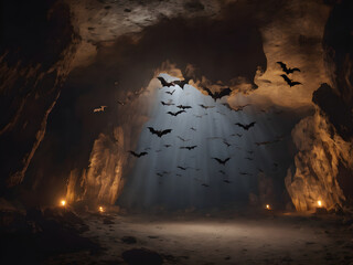 Bats hanging from a cave ceiling with shafts of light piercing through darkness