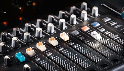 A close up of a black audio mixer with knobs and buttons.