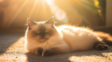 A fluffy cat resting peacefully in warm sunlight, embodying tranquility and comfort.