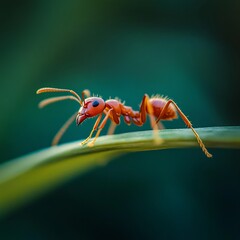 Sticker - A red ant walking on a green leaf.