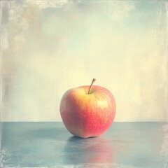 Poster - A red apple on a rustic blue surface against a faded background.