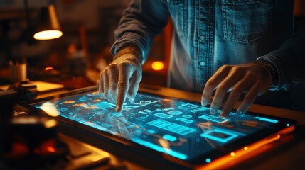 Software developer working late using holographic computer interface to design software