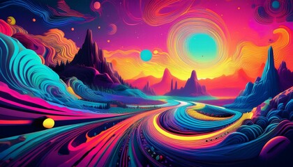 Wall Mural - Bring to life a vibrant, swirling psychedelic landscape, combining neon colors and abstract shapes in a digital painting