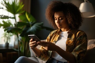 Canvas Print - Young Black woman managing online banking with smartphone sitting on the sofa at home adult head portability.