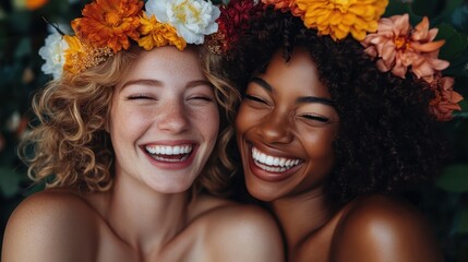 A lively and joyful portrait of two radiant women wearing floral crowns, sharing a moment of laughter and cheer, set against a backdrop of colorful, vibrant flowers.