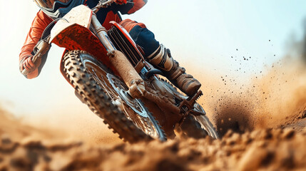 Canvas Print - Close-up shot of a motocross rider in action, kicking up dirt and riding a dirt bike on an off-road track. The rider wears protective gear, including a helmet and boots.