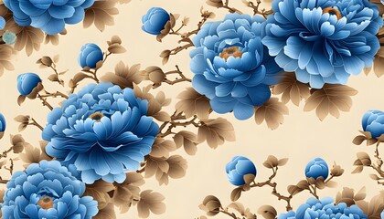 Elegant seamless pattern featuring Chinese blue floral design on soft beige backdrop