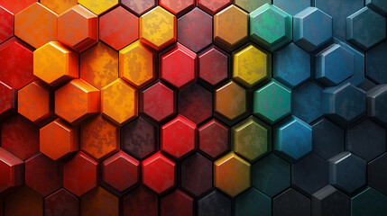 A colorful hexagonal pattern with a blue and red section in the middle