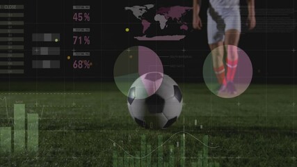 Wall Mural - animation of financial data processing over caucasian male football player kicking ball
