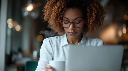 A young woman with curly hair and red glasses, deeply focused on her work while holding a cup, seated in a modern indoor setting. The atmosphere is cozy and productive.