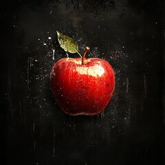 Wall Mural - A single red apple with a green leaf on a black background with paint splatter.