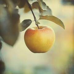 Canvas Print - A single ripe apple hangs from a branch, surrounded by green leaves.