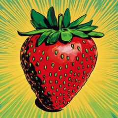 Poster - A single red strawberry with green leaves on a yellow background with radiating lines.