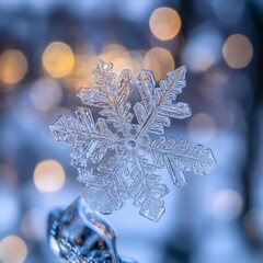 Poster - A single snowflake with intricate detail against a bokeh background of blue and yellow lights.