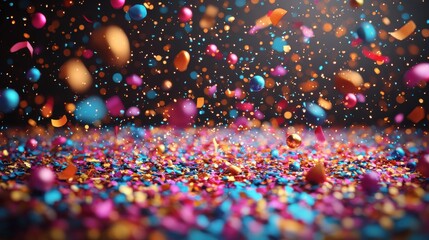 Colorful confetti fills the air, creating a festive atmosphere during a celebration at a vibrant party venue in the evening