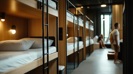 Sticker - A modern dormitory room with neatly arranged wooden bunk beds, soft white bedding, and individual reading lights. Two people are seen in the background of the room.