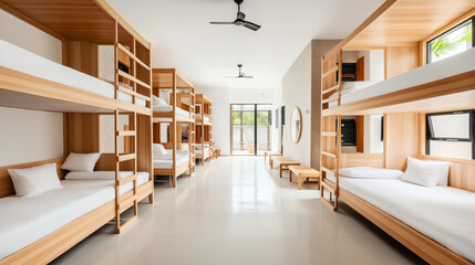 Wall Mural - Modern dormitory room with neatly arranged wooden bunk beds, white bedding, and ceiling fans. The spacious area includes large windows and a minimalist aesthetic.