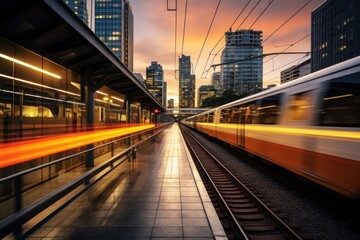 Poster - An electric train passing through a city architecture metropolis cityscape.