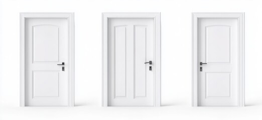 White wooden door for front entrance or inside house, apartment or office. 3d wood door with handle and frame in open, closed and ajar position, vector realistic set isolated on white background 