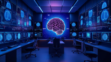 A room with a large screen showing a brain