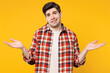 © ViDi Studio - Young sad man he wears red checkered shirt casual clothes shrugging shoulders looking puzzled, have no idea spread hands isolated on plain yellow orange background studio portrait. Lifestyle concept.