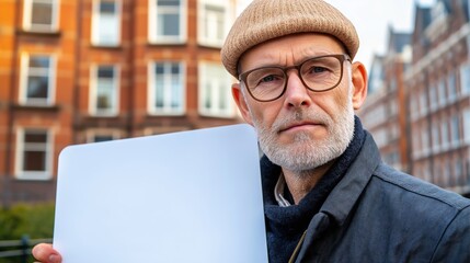 Wall Mural - A man wearing a hat and glasses is holding a white piece of paper. He looks serious and is standing in front of a building