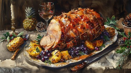 Wall Mural - A beautifully glazed Christmas ham with cloves and pineapple rings, surrounded by roasted vegetables and fresh herbs on a holiday table Watercolor, Warm tones, Detailed brushwork