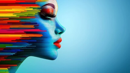 Wall Mural - A colorful face with red lips and blue eyes. The image is a work of art that showcases the beauty of the human face