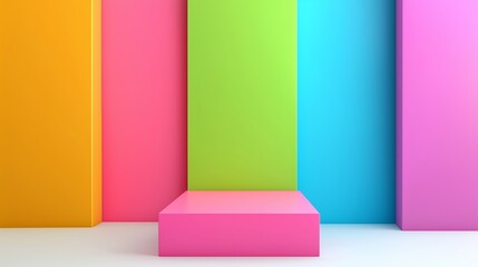 Wall Mural - A colorful display of blocks with a pink pedestal in the middle. The blocks are arranged in a row, with each block being a different color. The display is vibrant and eye-catching